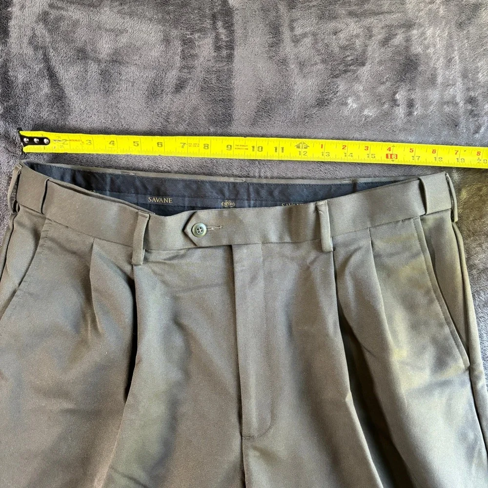 Savane Mens Pleated Dress Pants 36x32‎ Olive Green Cuffed Polyester Trousers